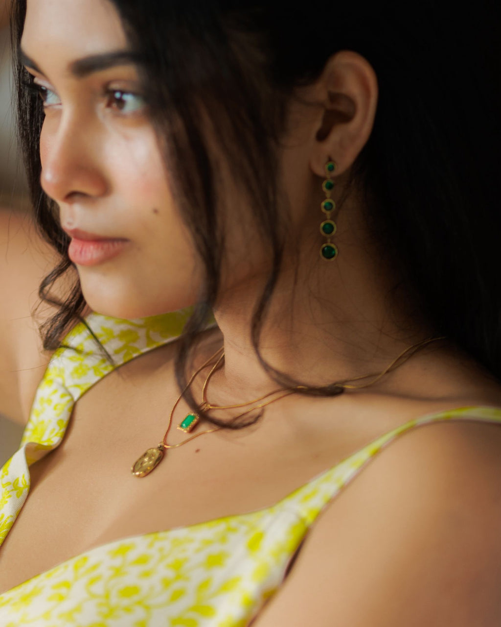 Green & gold drop earrings